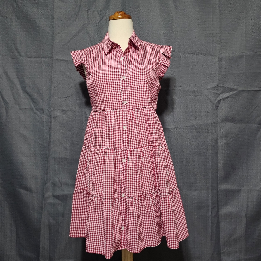 Monteau Los Angeles Red Gingham Tiered Shirt Dress M